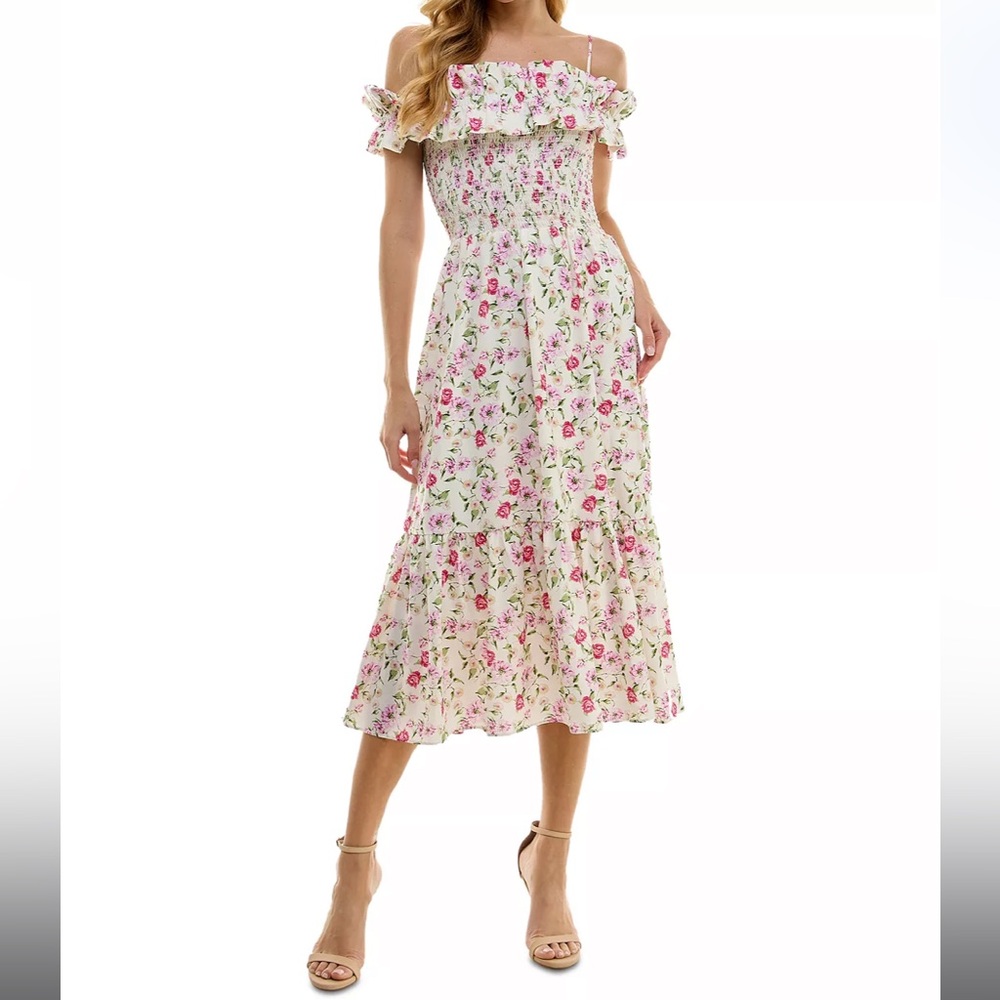 Floral-Print Ruffled Off-The-Shoulder Midi Dress